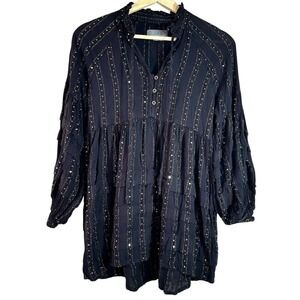 Anthropologie Black Gold Metallic Tiered Sequin Babydoll Tunic Top XXSP